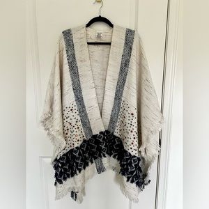 Anthropologie Ivory Shawl Sweater with Embroidery and Fringe
